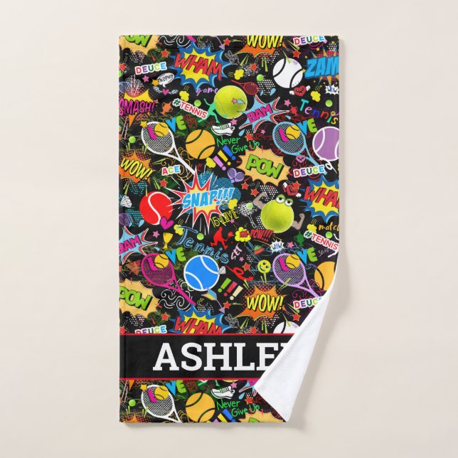 Avec le nom 😍 🤩 noir 🖤 Éclectique tennis 🎾 mot (Serviette à main)