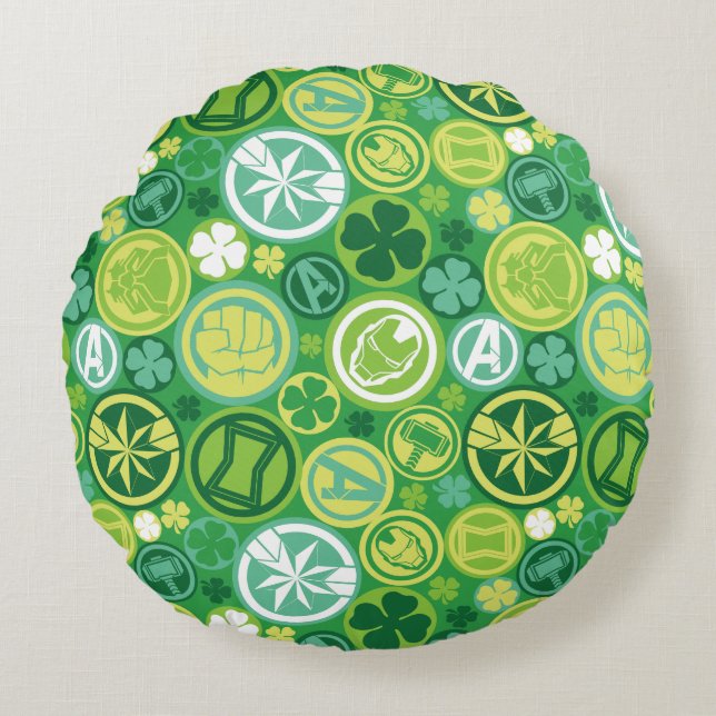 Avenger Icons & Shamrocks Pattern Round Pillow (Front)