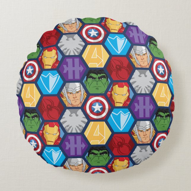 Avengers Character Faces & Logos Badge Round Pillow (Front)