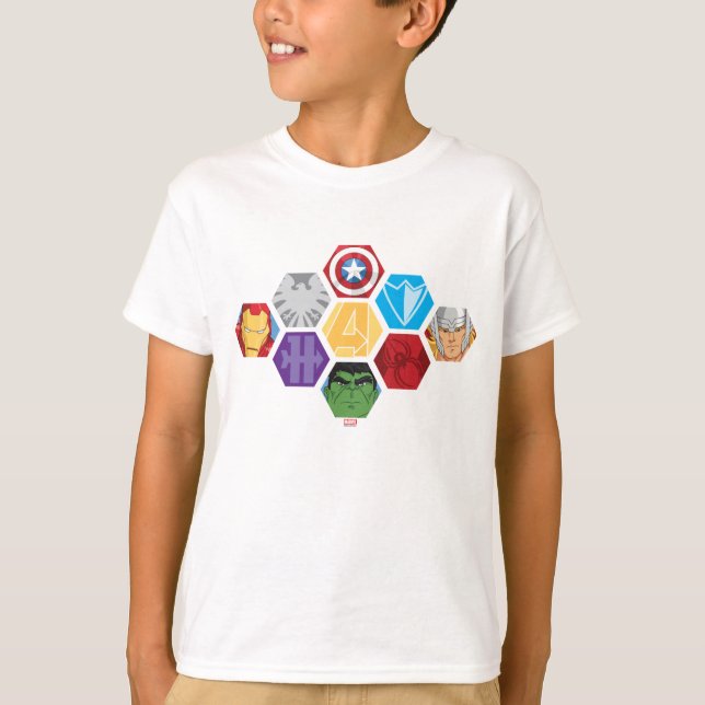 Avengers Character Faces & Logos Badge T-Shirt (Front)