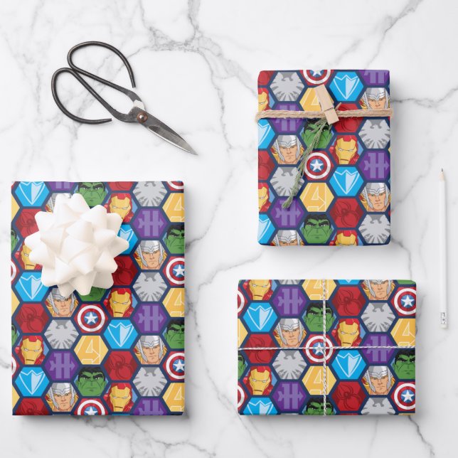 Avengers Character Faces & Logos Badge Wrapping Paper Sheet (Front)