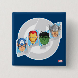 Avengers Character Faces Over Logo 2 Inch Square Button
