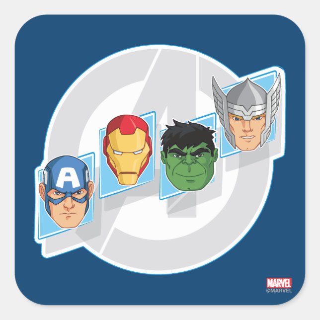 Avengers Character Faces Over Logo Square Sticker (Front)