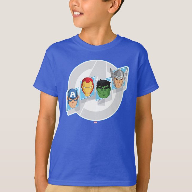 Avengers Character Faces Over Logo T-Shirt (Front)