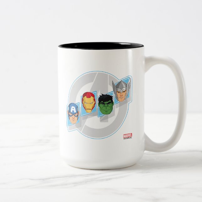 Avengers Character Faces Over Logo Two-Tone Coffee Mug (Right)