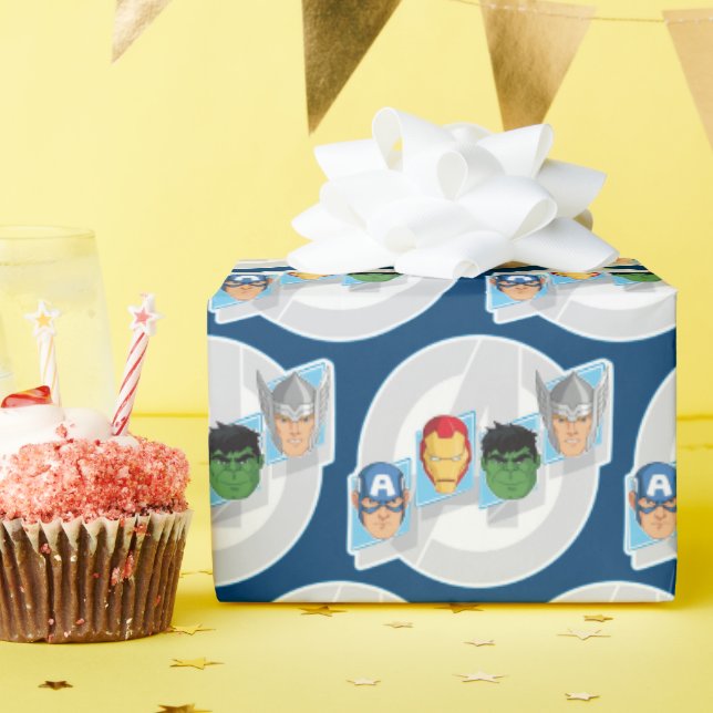Avengers Character Faces Over Logo Wrapping Paper (Birthday Party)