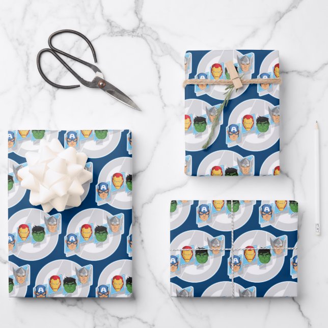 Avengers Character Faces Over Logo Wrapping Paper Sheet (Front)