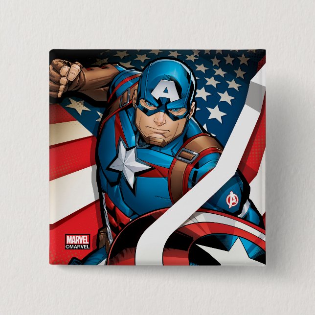 Avengers Classics | Captain America With Stripes 2 Inch Square Button (Front)