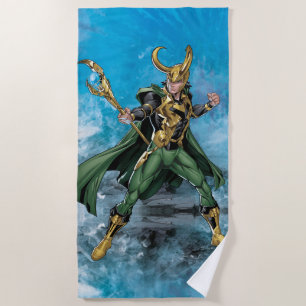 Avengers Classics   Loki With Staff Beach Towel