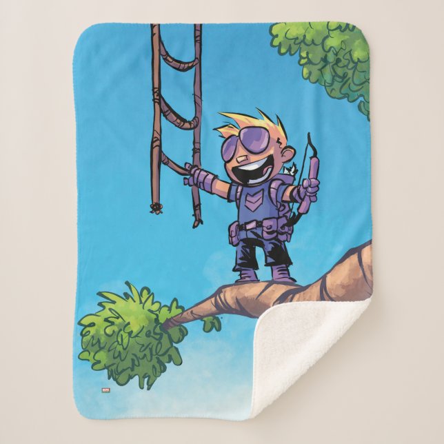 Avengers Classics | Mini Hawkeye In Tree Sherpa Blanket (Front)
