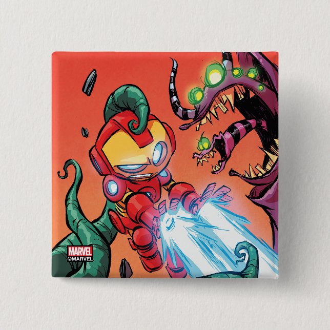 Avengers Classics | Mini Iron Man Blasting Monster 2 Inch Square Button (Front)