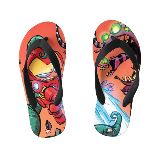 Avengers Classics | Mini Iron Man Blasting Monster Kid's Flip Flops (Footbed)