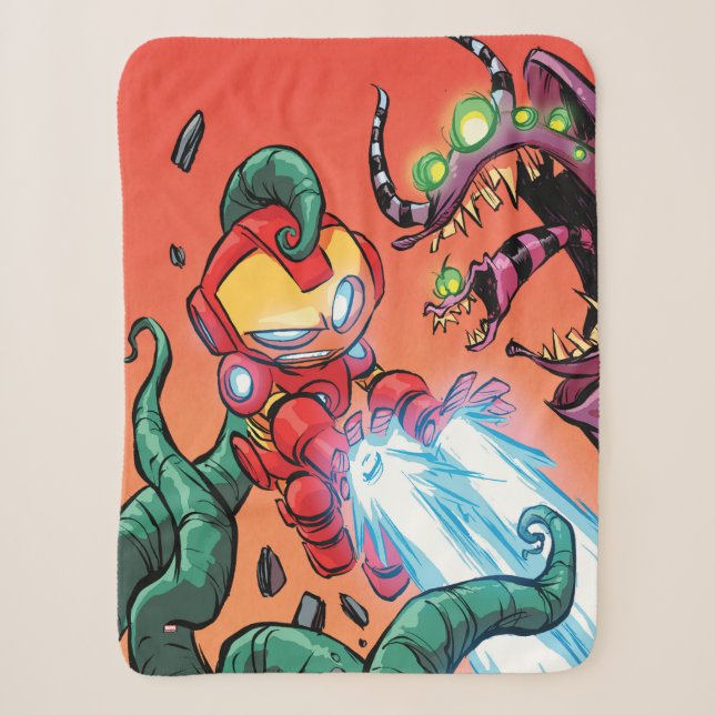 Avengers Classics | Mini Iron Man Blasting Monster Sherpa Blanket (Front)