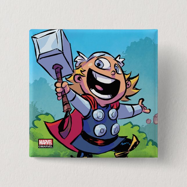 Avengers Classics | Mini Thor With Mjolnir 2 Inch Square Button (Front)