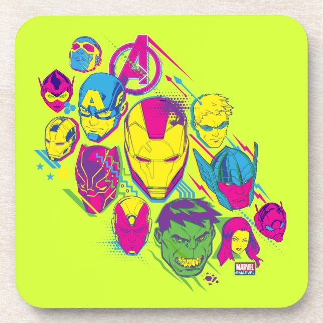 Avengers Classics | Neon Avenger Faces Graphic Coaster (Front)