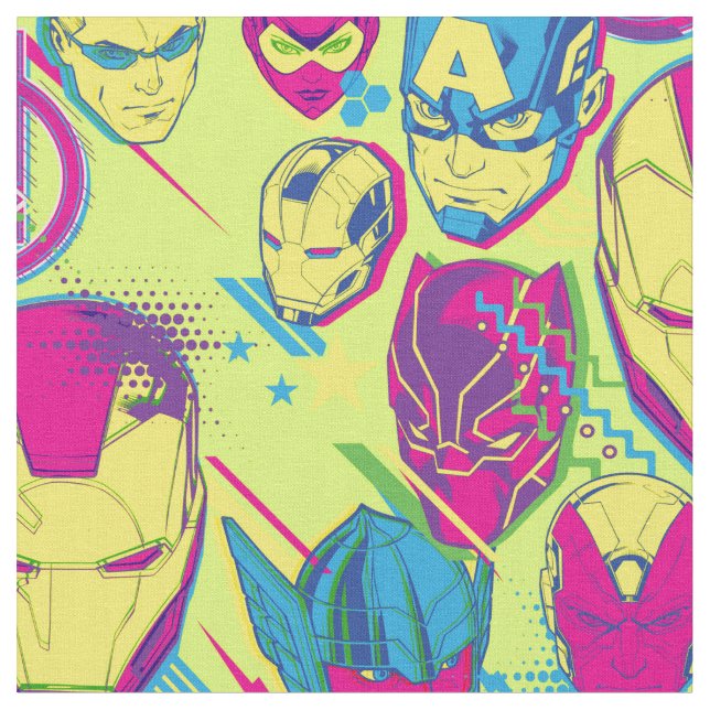Avengers Classics | Neon Avenger Faces Graphic Fabric (Close Up)