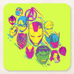 Avengers Classics   Neon Avenger Faces Graphic Square Paper Coaster