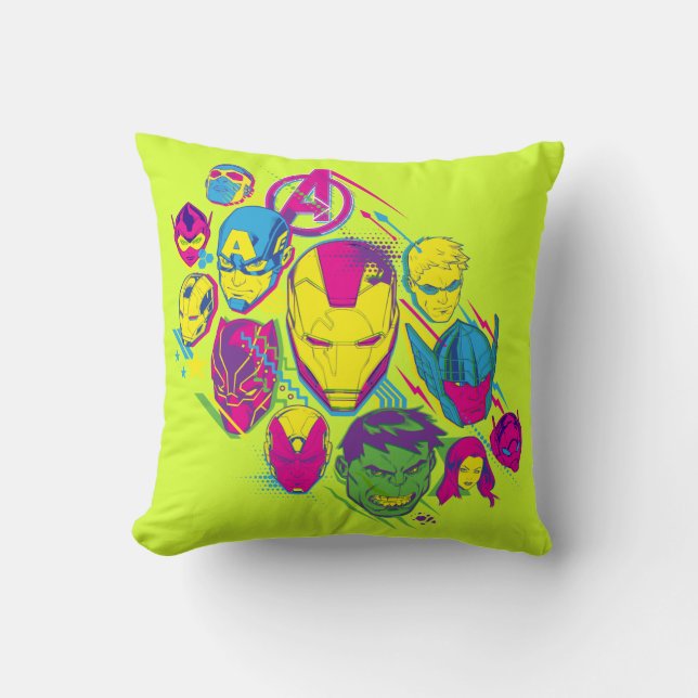 Avengers Classics | Neon Avenger Faces Graphic Throw Pillow (Front)