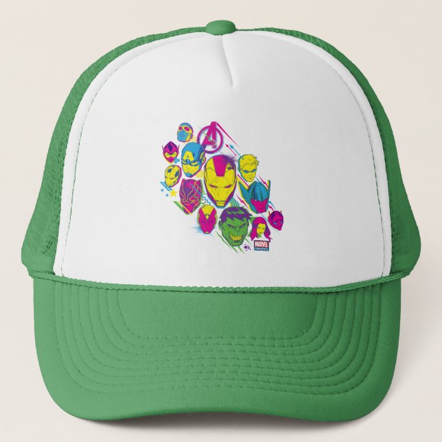 Avengers Classics | Neon Avenger Faces Graphic Trucker Hat (Front)
