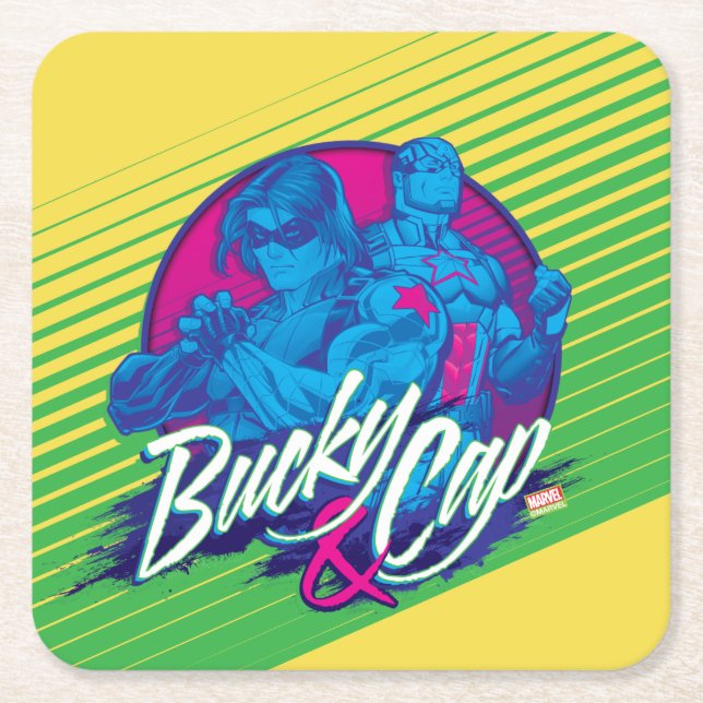 Avengers Classics | Neon Bucky & Cap Graphic Square Paper Coaster (Front)