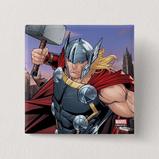 Avengers Classics | Thor Leaping With Mjolnir 2 Inch Square Button (Front)
