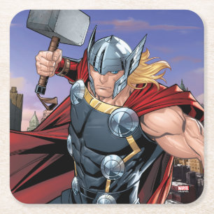 Avengers Classics   Thor Leaping With Mjolnir Square Paper Coaster