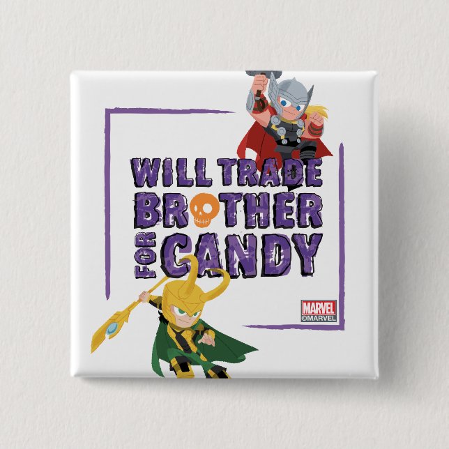 Avengers Classics | Thor & Loki Halloween Candy 2 Inch Square Button (Front)