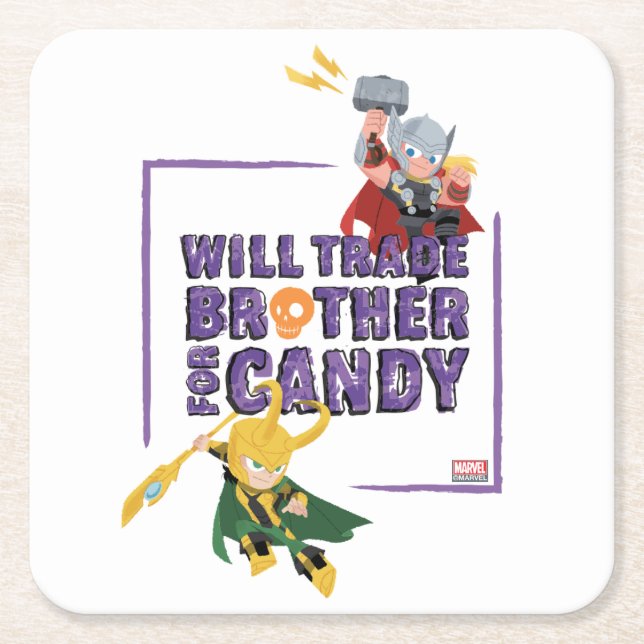 Avengers Classics | Thor & Loki Halloween Candy Square Paper Coaster (Front)
