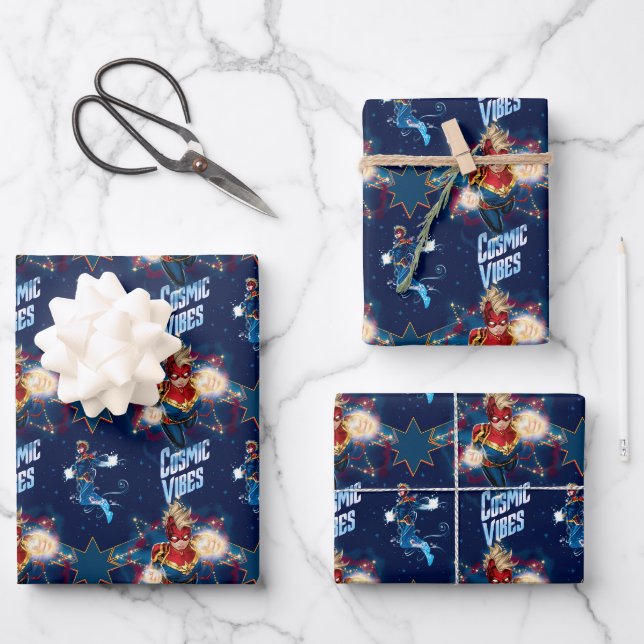 Avengers | Glowing Stars Captain Marvel Graphic Wrapping Paper Sheet (Front)