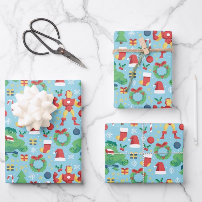 Avengers | Iron Man & Hulk Holiday Pattern Wrapping Paper Sheet (Front)