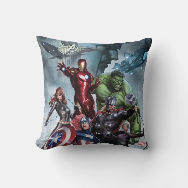 Avengers Versus Loki Drawing Throw Pillow (Front)