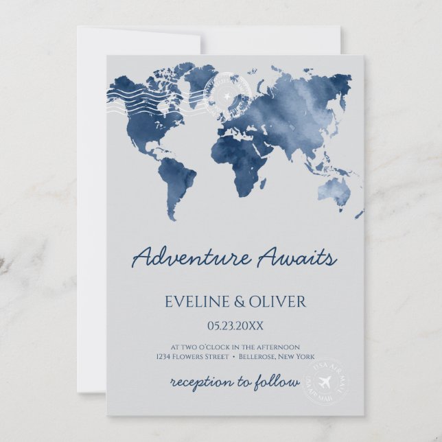 Aventure attend aquarelle monde carte mariage (Devant)