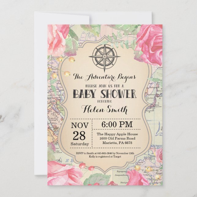 Aventure Baby shower rose Floral Carte Voyage Mond (Devant)