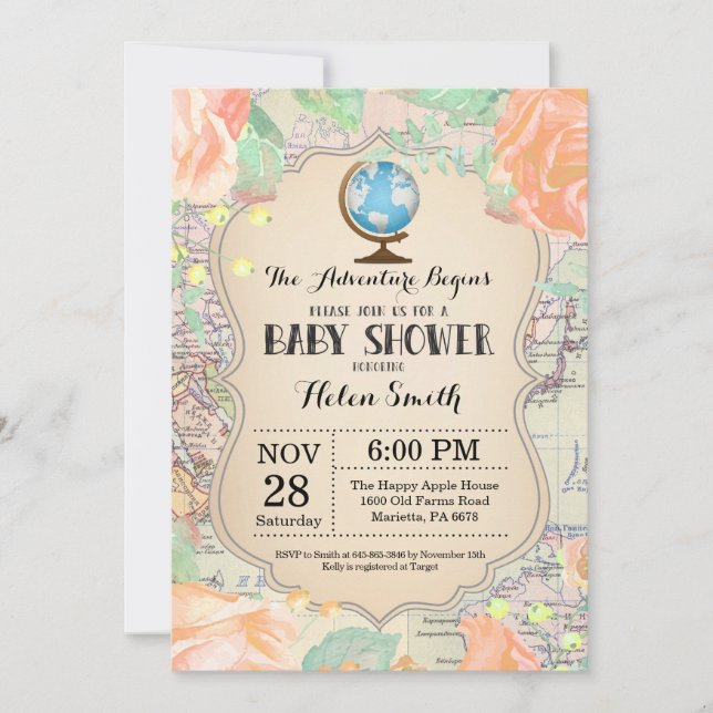 Aventure Baby shower rose Floral Carte Voyage Mond (Devant)