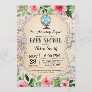 Aventure Baby shower rose Floral Carte Voyage Mond
