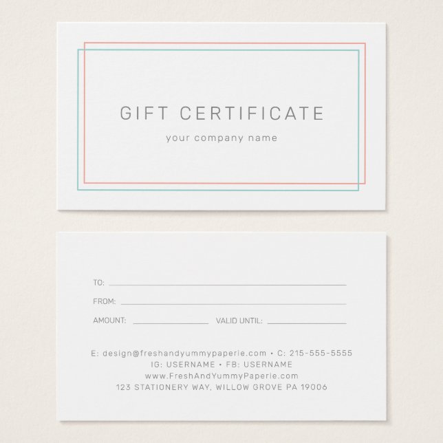 AVERY Coral and Teal Business Gift Certificate (Front & Back)