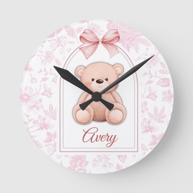 Avery | Custom Pink Teddy Bear Nursery Design  Round Clock (Front)