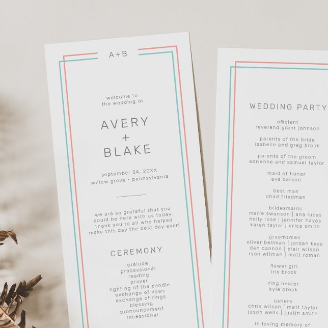 AVERY Modern Coral and Teal Border Wedding Program (AVERY Modern Coral and Teal Border Wedding Program)