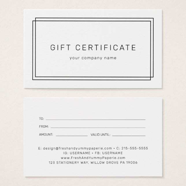 AVERY Modern Minimalist Business Gift Certificate (Devant & derrière)