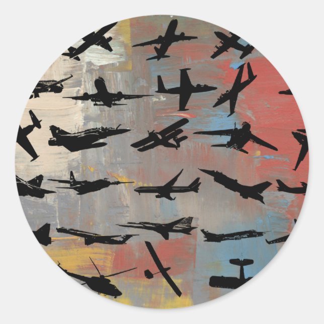 Aviation Art, Black airplane silhouettes,  Classic Round Sticker (Front)