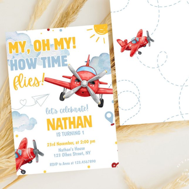 Aviation Boys Cool Blue Airplane Travel Birthday  Invitation (kids birthday, aviation birthday, pilot birthday, aeroplane, boys birthday, airplane, travel, blue, )