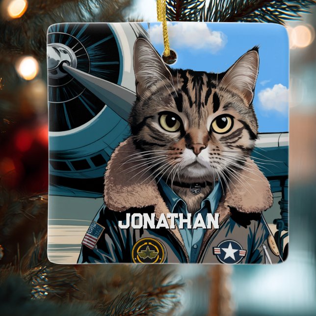 Aviation Cat Pilot and Airplane Funny Custom Ceramic Ornament (Creator Uploaded)