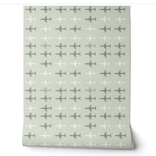 Aviation Dream Soft Green Airplane Pattern Wallpaper (Unrolling)