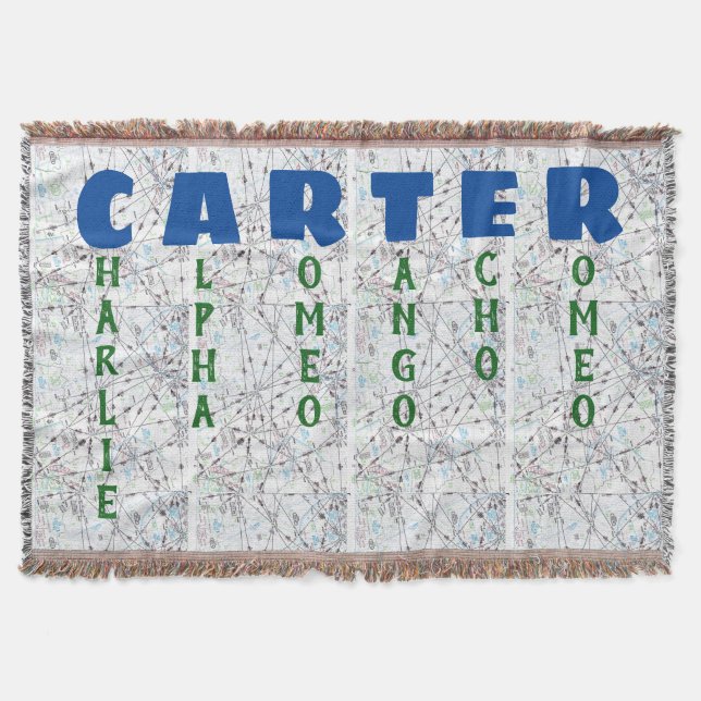 Aviation Map Personalized Phonetic Alphabet Throw Blanket (Front)