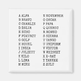 Aviation Phonetic Alphabet ALFA BRAVO CHARLIE Magnet