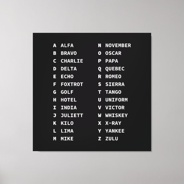 Aviation Phonetic Alphabet Code - Black & White Canvas Print (Front)