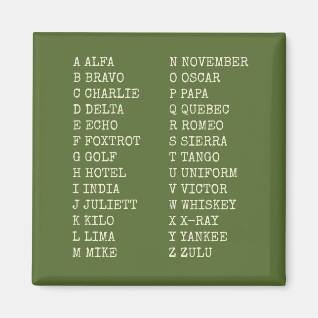 Aviation Phonetic Alphabet Magnet – Military Green (Front)