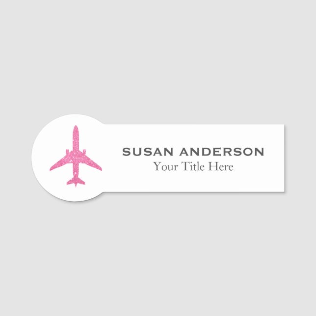 Aviation - Pink Glitter Airplane Name Tag (Front)