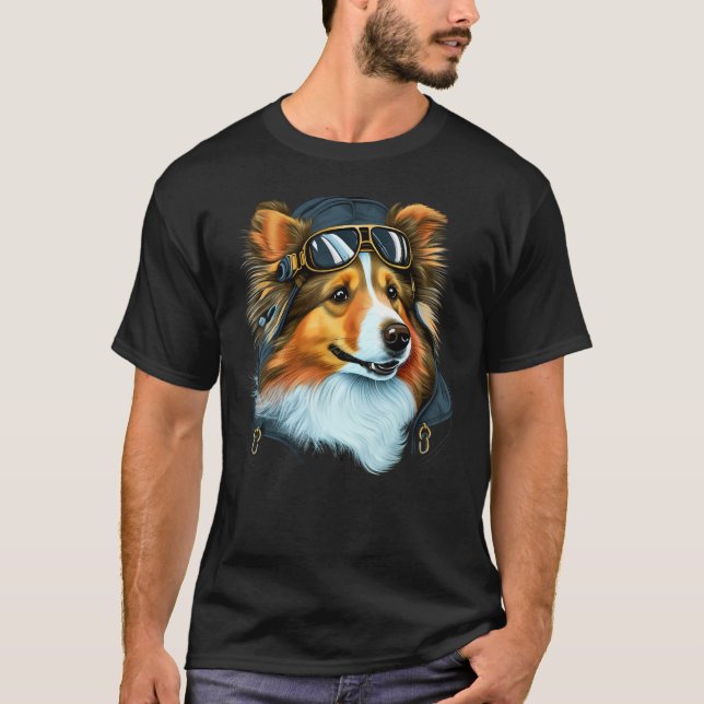 Aviation Sheltie Airplane Pilot on Shetland Sheepd T-Shirt (Front)