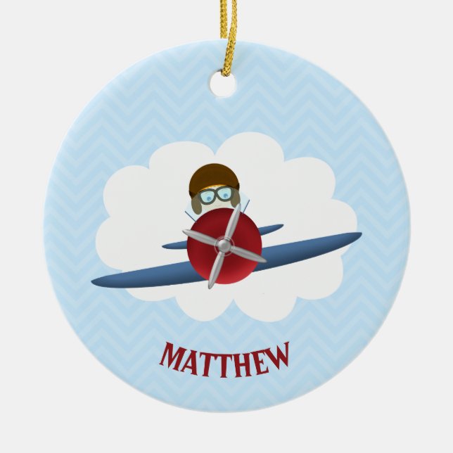 Aviator and His Plane Ceramic Ornament (Front)